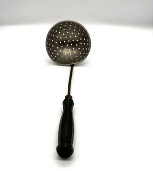 Antique Tin Kitchen Skimmer Strainer Black Wood Handle 13" Primitive Riveted